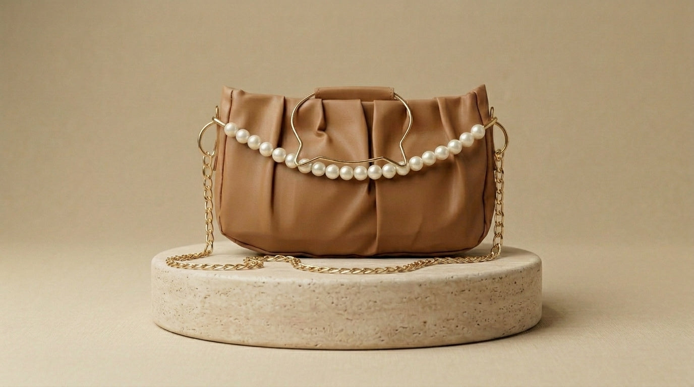 Cat-Ear Handle Pearl Ruched Handbag