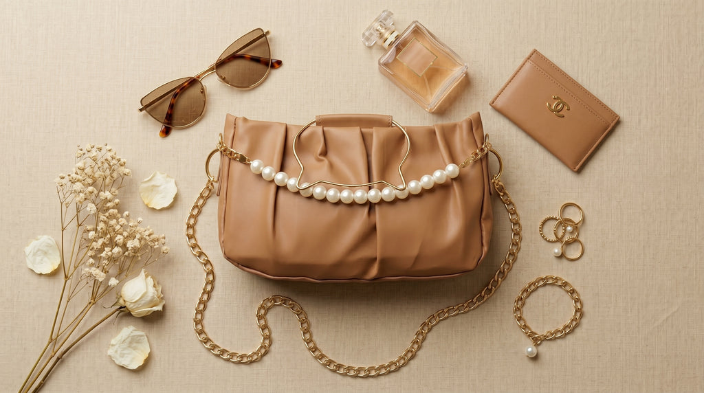 Cat-Ear Handle Pearl Ruched Handbag
